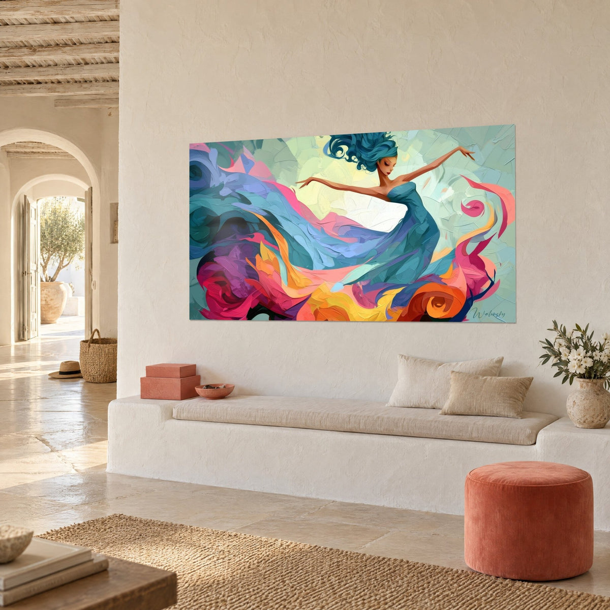 Tableau ballerine bras ouverts, tourbillon de voiles orange et rose sur fond vert d'eau, mur blanc d'une maison provençale