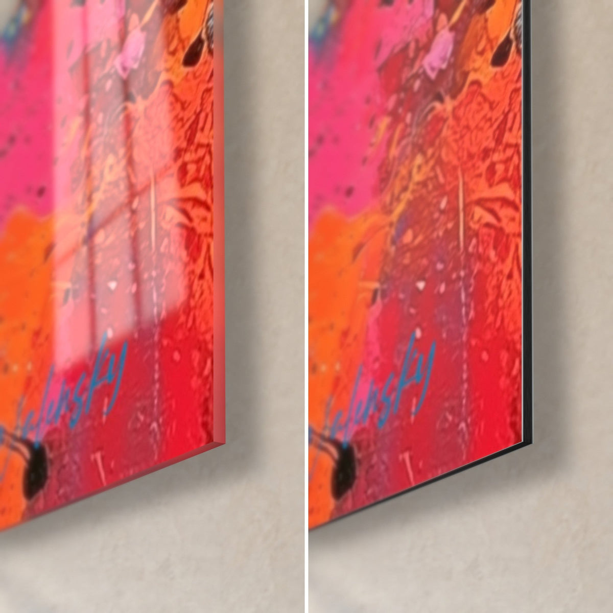 Tableau ballerine en tutu rose et orange, coin bas droit : verre acrylique brillant à reflets à gauche, Dibond mat et tranche de 3 mm à droite