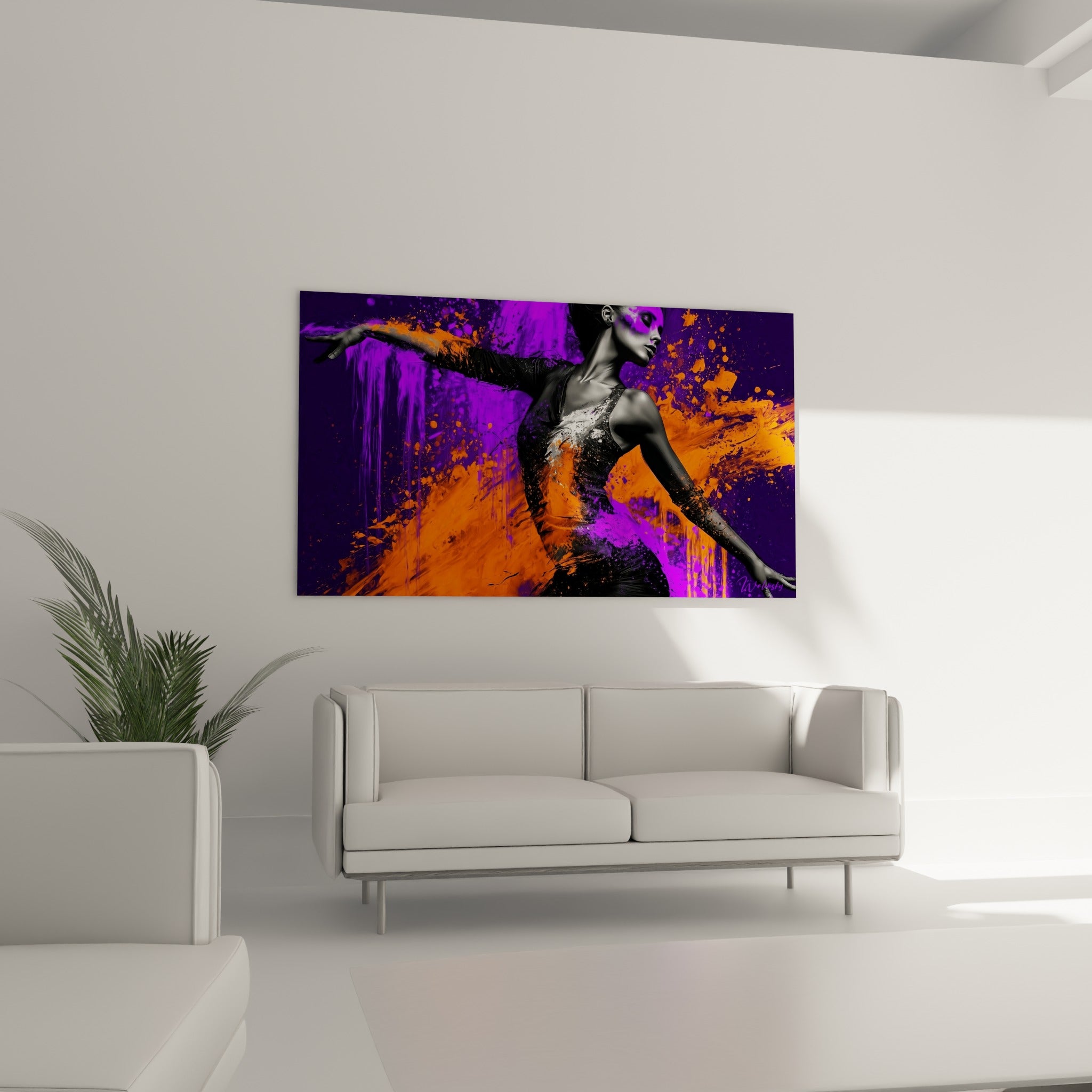 Mouvement gracieux de la danseuse abstrait en noir et orange, au-dessus d'un canapé dans un salon lumineux