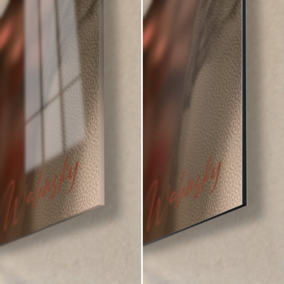 Wall art dancer in black and coral, bottom right corner: glossy acrylic glass reflecting the window, matte Dibond aluminium, 3 mm edge
