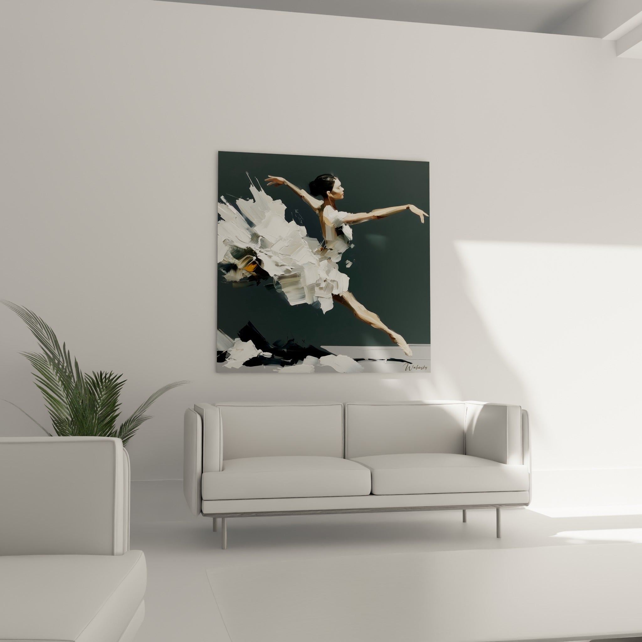 Silhouette de danseuse anthracite et blanche en plein élan, au-dessus d'un canapé dans un salon lumineux