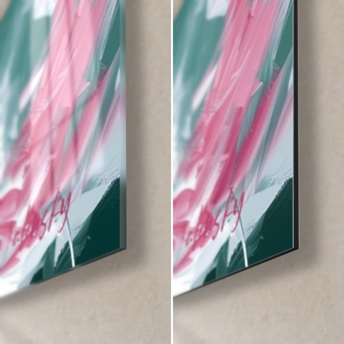 Schilderij draaiende danseres, rechtsonder: glanzend acrylglas links, mat roze en petrolgroen Dibond-aluminium rechts