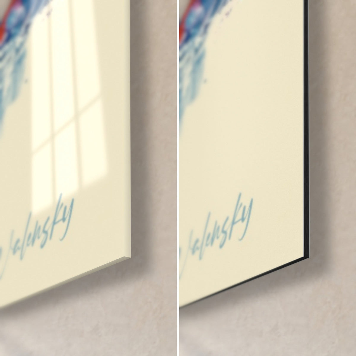 Schilderij danseres in purperrode jurk, blauwe Walensky-signatuur rechtsonder, glanzend acrylglas en zwarte rand van mat Dibond