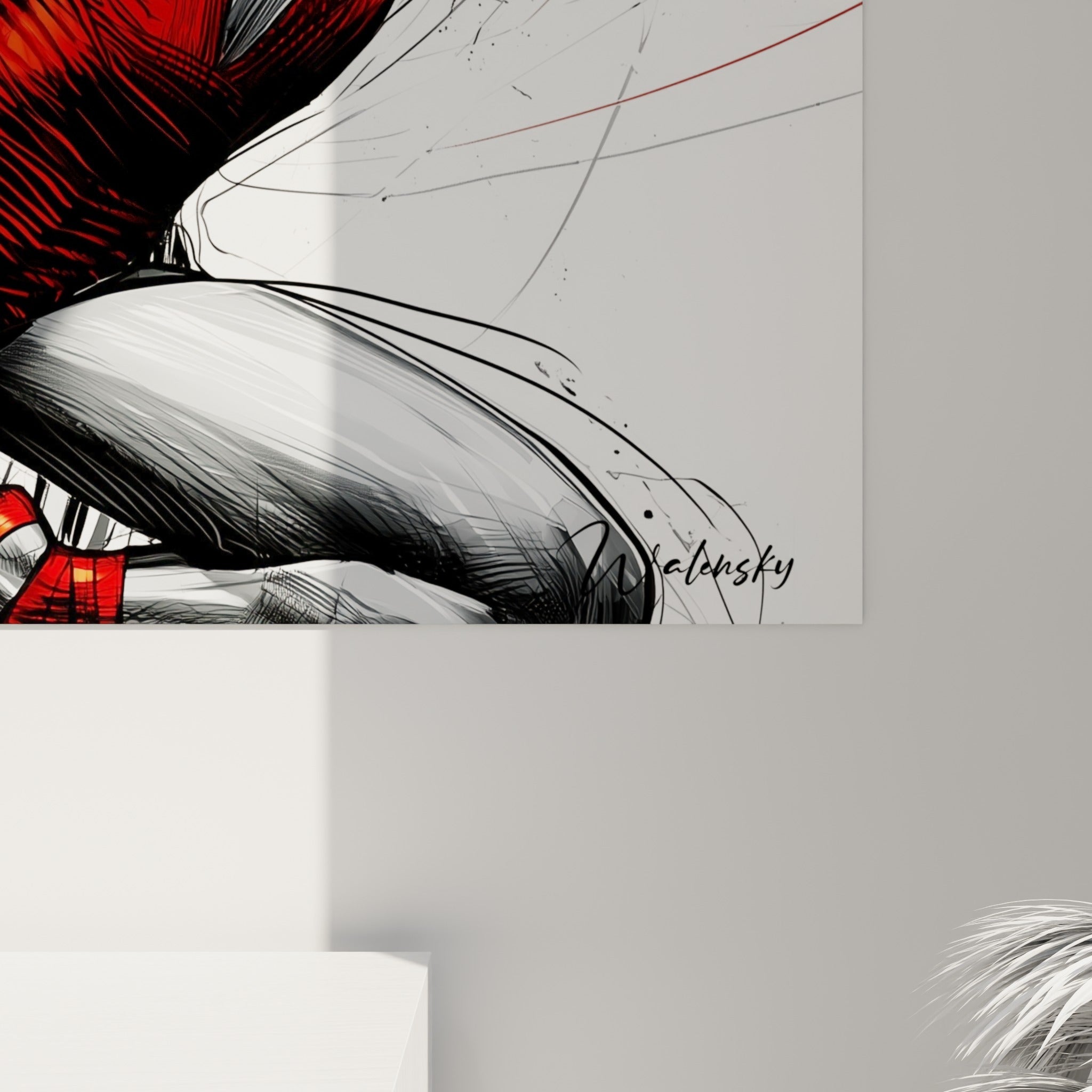 Grain d'encre noire et éclats rouges visibles de près, traits nerveux du drapé blanc en mouvement