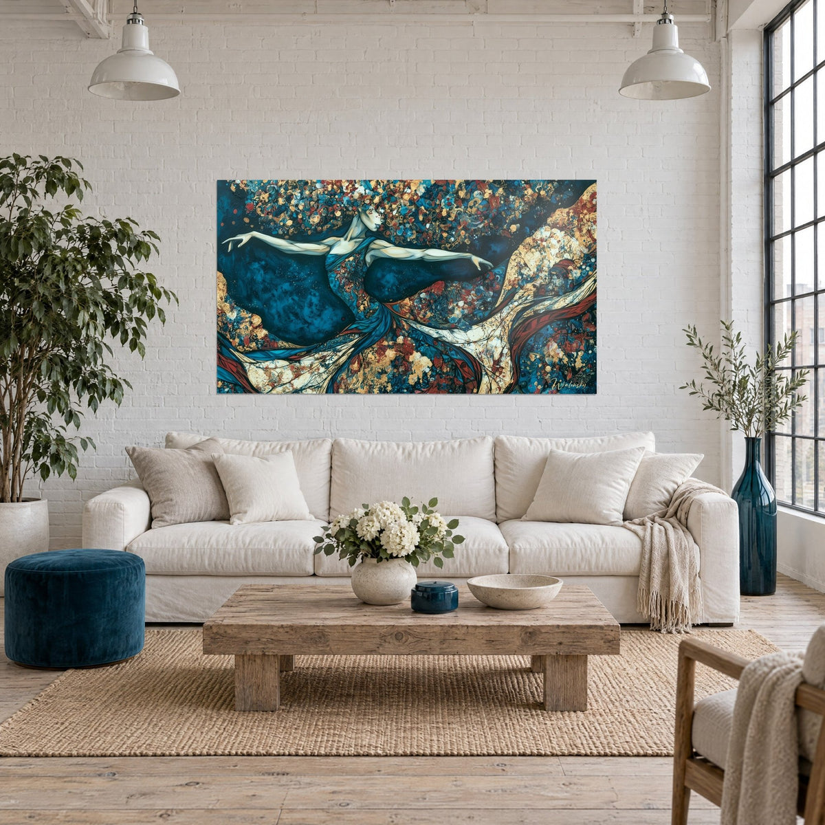 Tableau danseuse aux bras déployés, robe bleu nuit et or sur fond de mosaïque rouge, au-dessus d'un canapé dans un salon lumineux