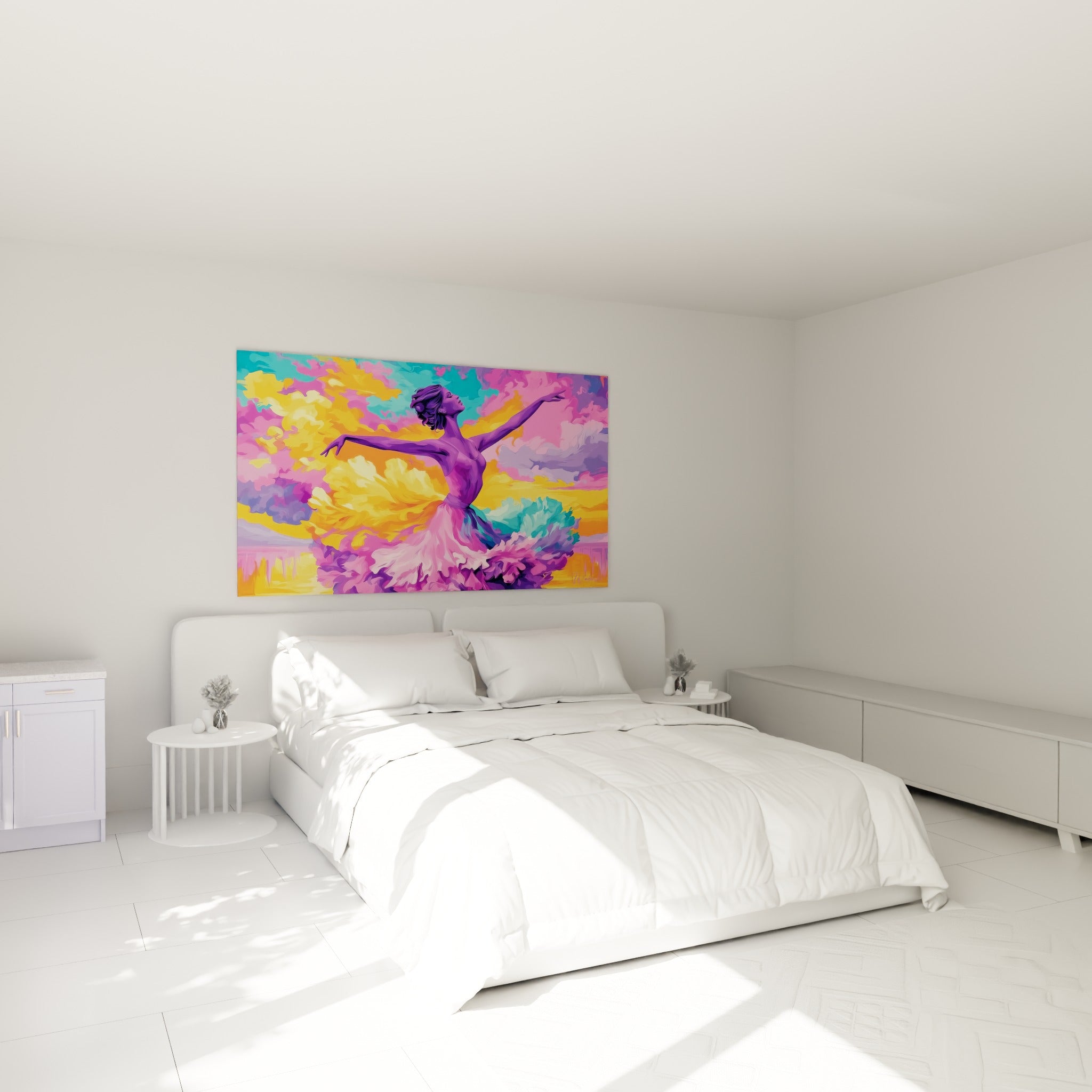 Silhouette violette en plein envol parmi des nuages roses et dorés, au-dessus d'un lit dans une chambre claire