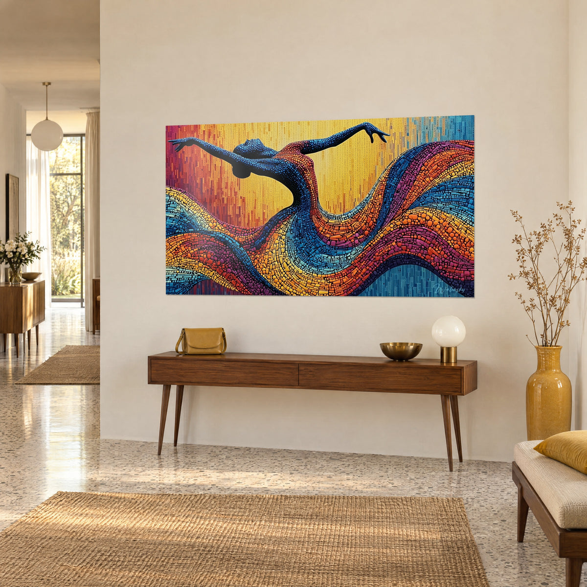 Wall art arched silhouette in cobalt tesserae, its dress rippling in saffron and purple ribbons, on a wooden console, three-quarter view