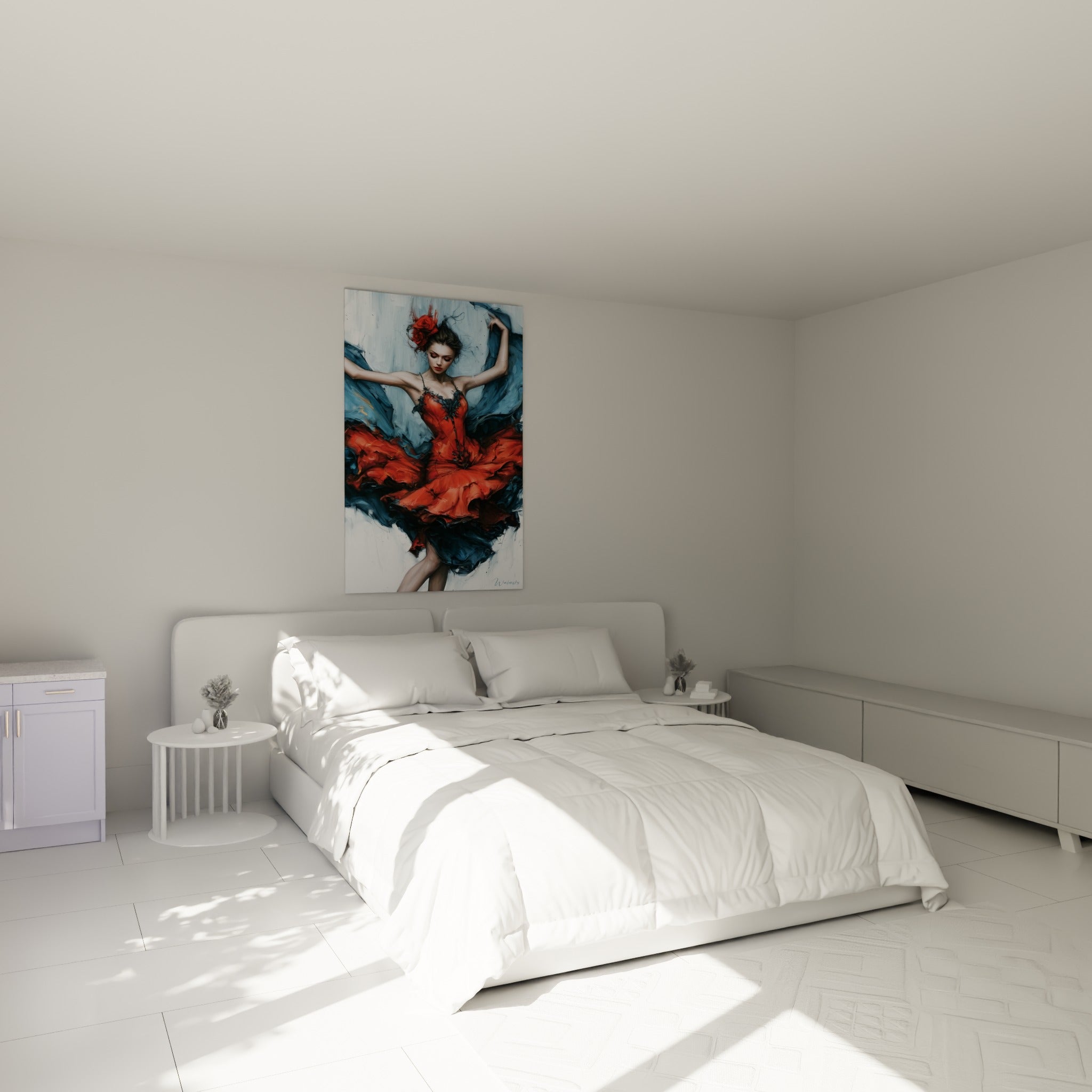 Silhouette dansante rouge et bleu pétrole de Danseuse abstrait au-dessus d'un lit dans une chambre claire