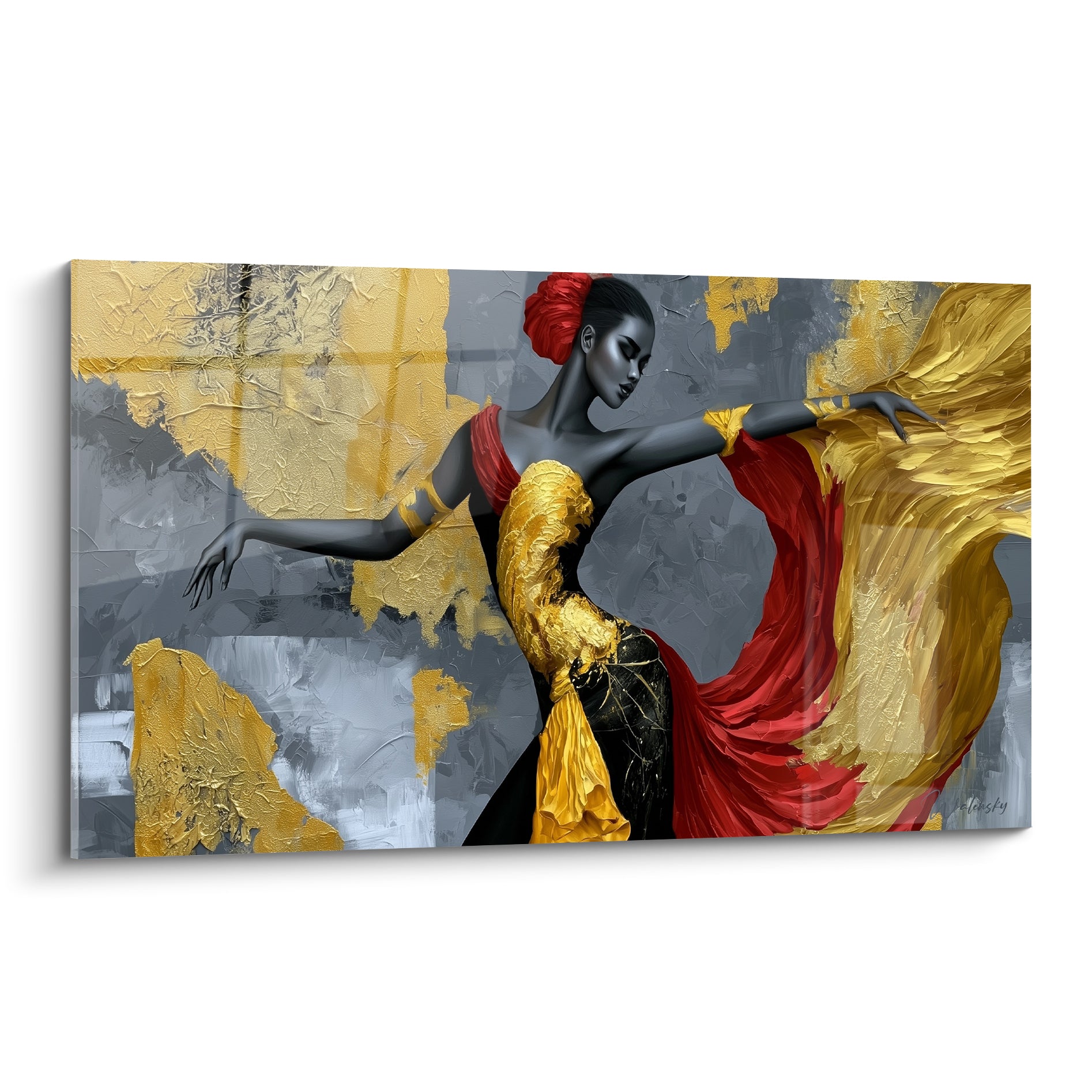 Danseuse abstraite en robe rouge et dorée, geste tendu sur fond anthracite texturé