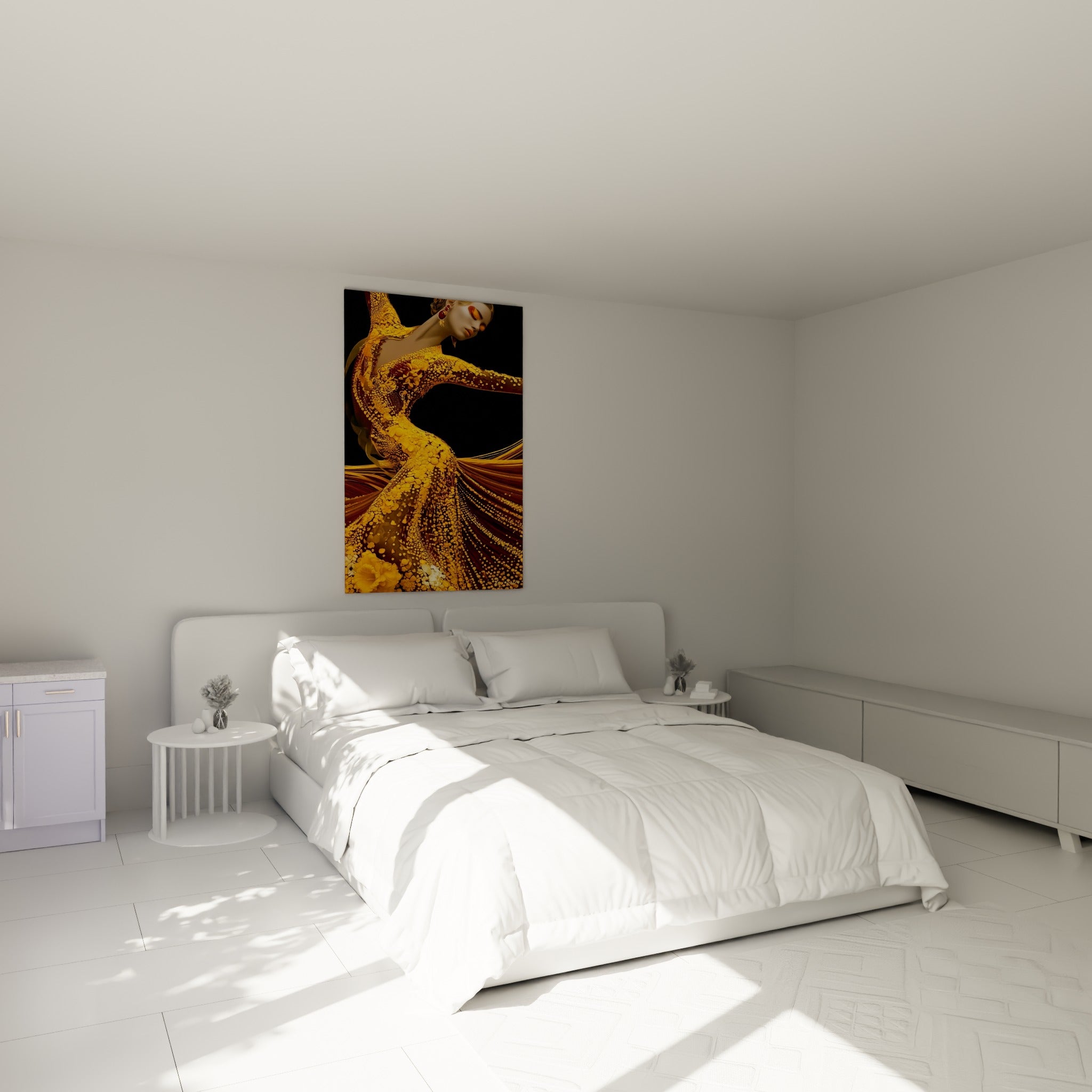 Silhouette dorée en mouvement de flamenco, tissu bordeaux fluide, au-dessus d'un lit dans une chambre claire