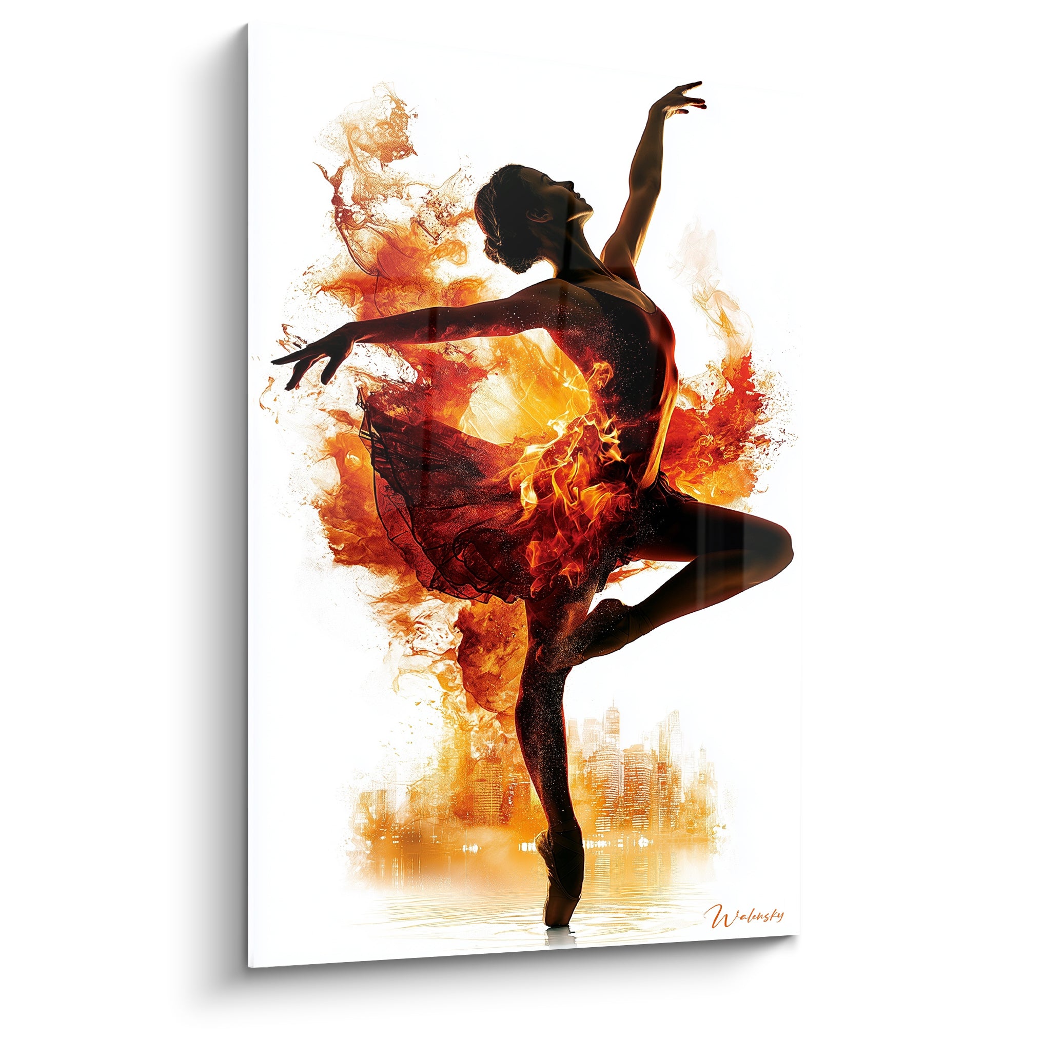 Danseuse abstrait en silhouette noire et flammes orange, tutu embrasé, fond blanc épuré