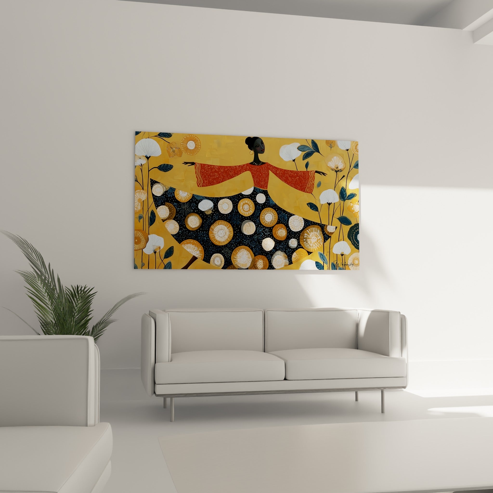 Femme en mouvement, jupe ocre et bleu marine fleurie, au-dessus d'un canapé dans un salon lumineux