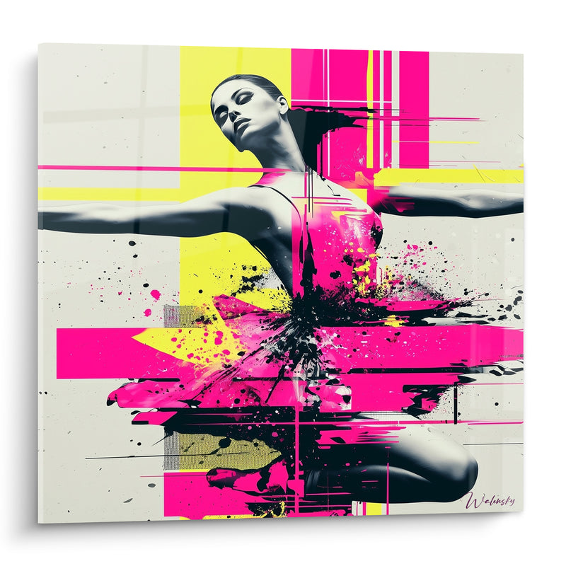 Tableau Danseuse rose fuchsia et jaune éclaboussée - Envol fragmenté - Edition Danseuse abstrait