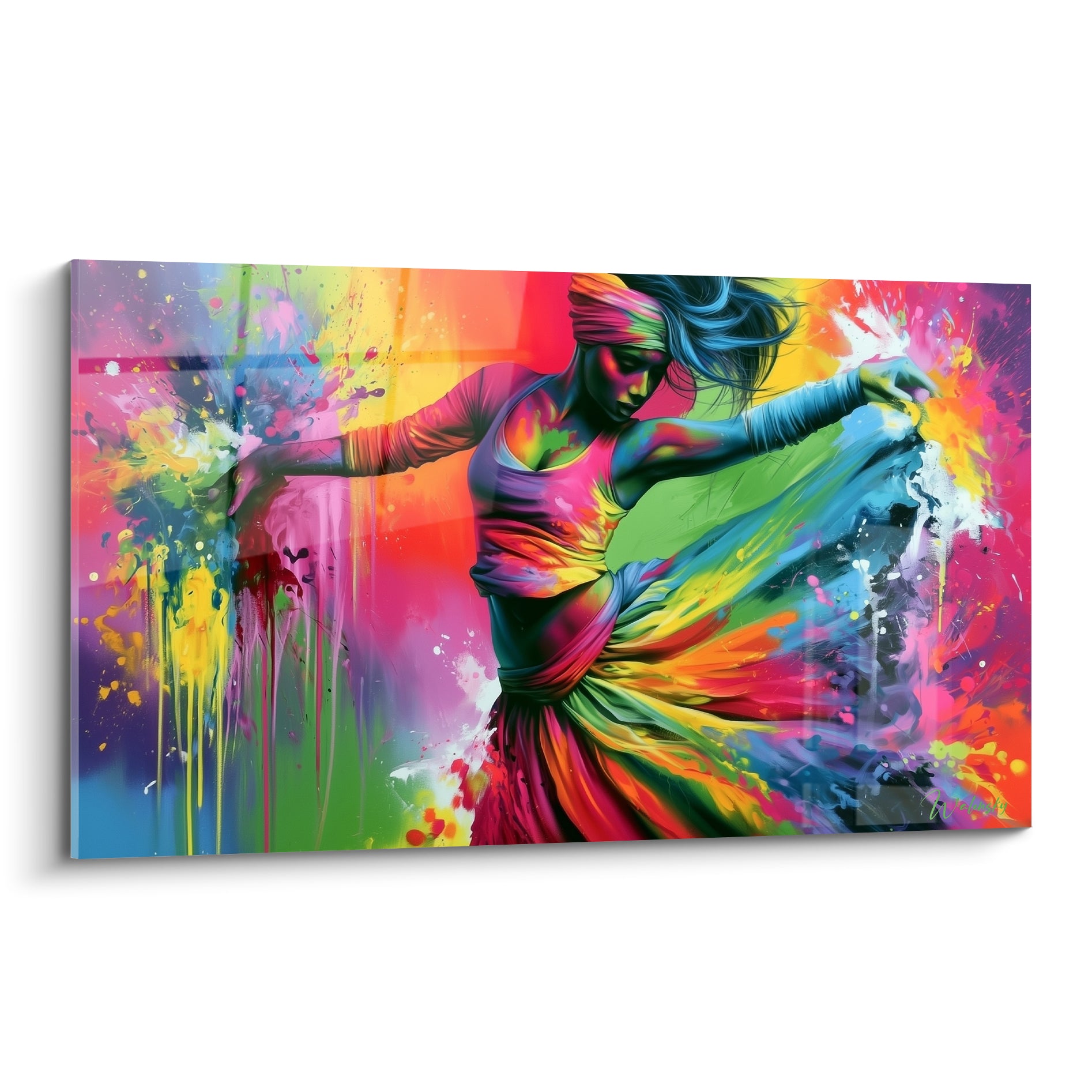Danseuse abstrait en mouvement, jupe fuchsia et turquoise, éclaboussures jaune et violet vives