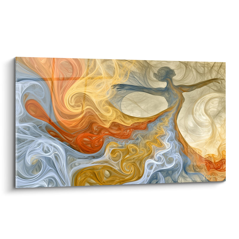 Tableau Danseuse orange et bleu pâle aux volutes de fumée - Bras grands ouverts - Edition Danseuse abstrait