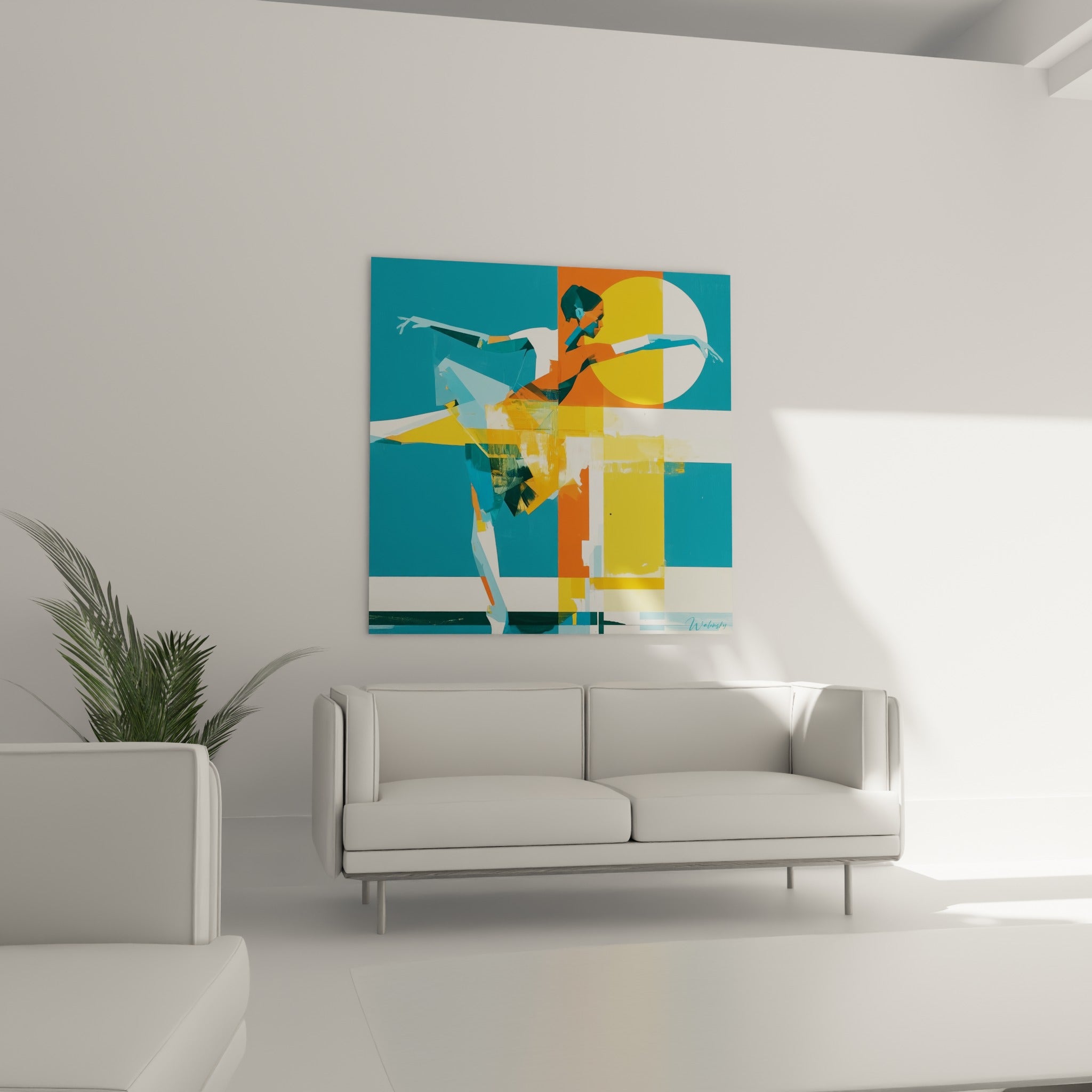 Arabesque colorée bleu sarcelle et orange brûlé, au-dessus d'un canapé dans un salon lumineux