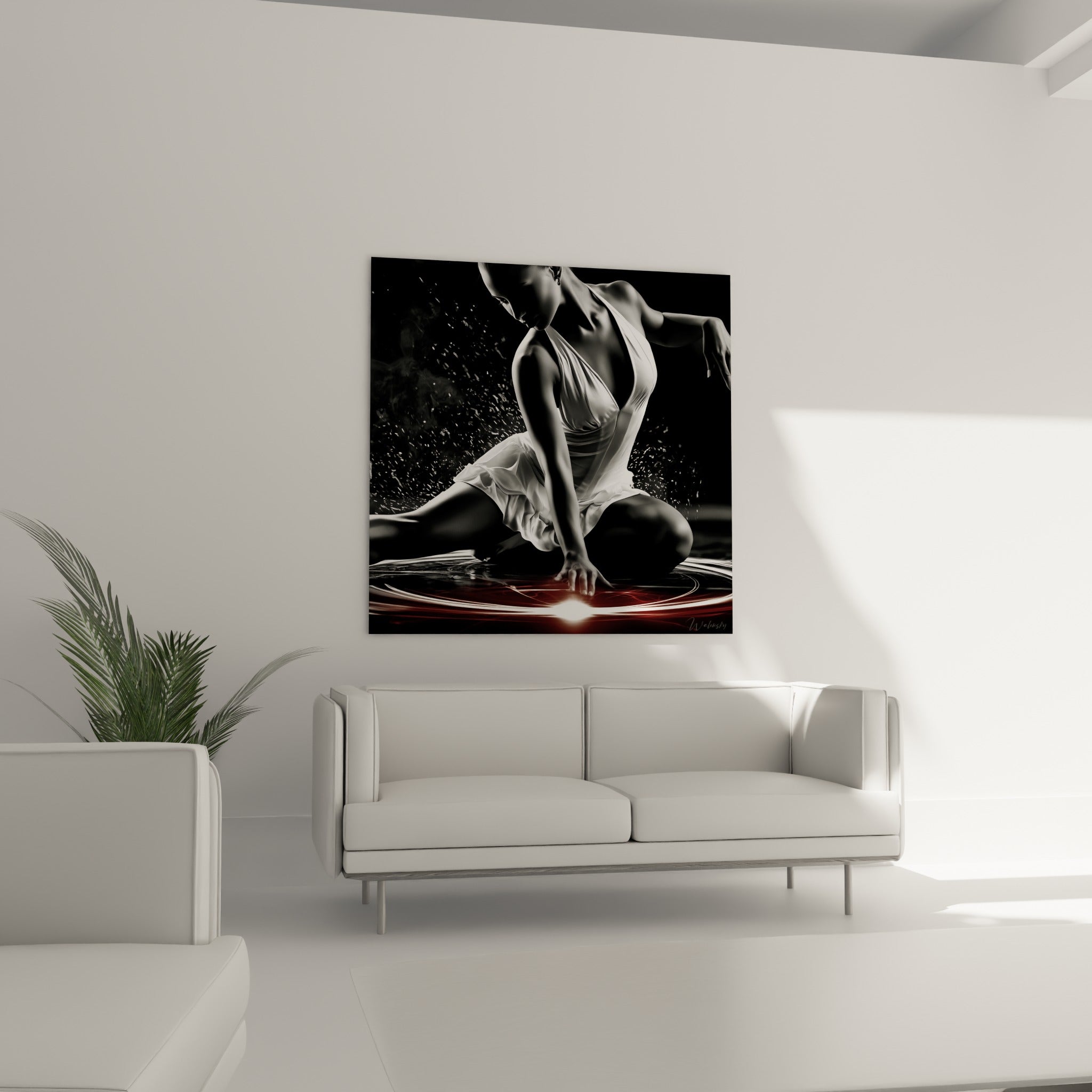 Geste gracieux d'une danseuse en robe soyeuse blanche, teintes noires profondes, au-dessus d'un canapé dans un salon lumineux