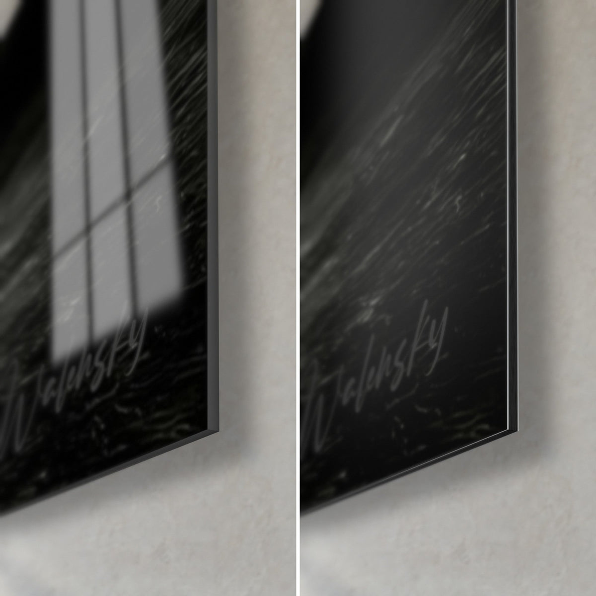 Tableau ballerine tutu blanc et noir, coin bas droit : verre acrylique brillant à gauche, Dibond gris mat à droite, tranche noire