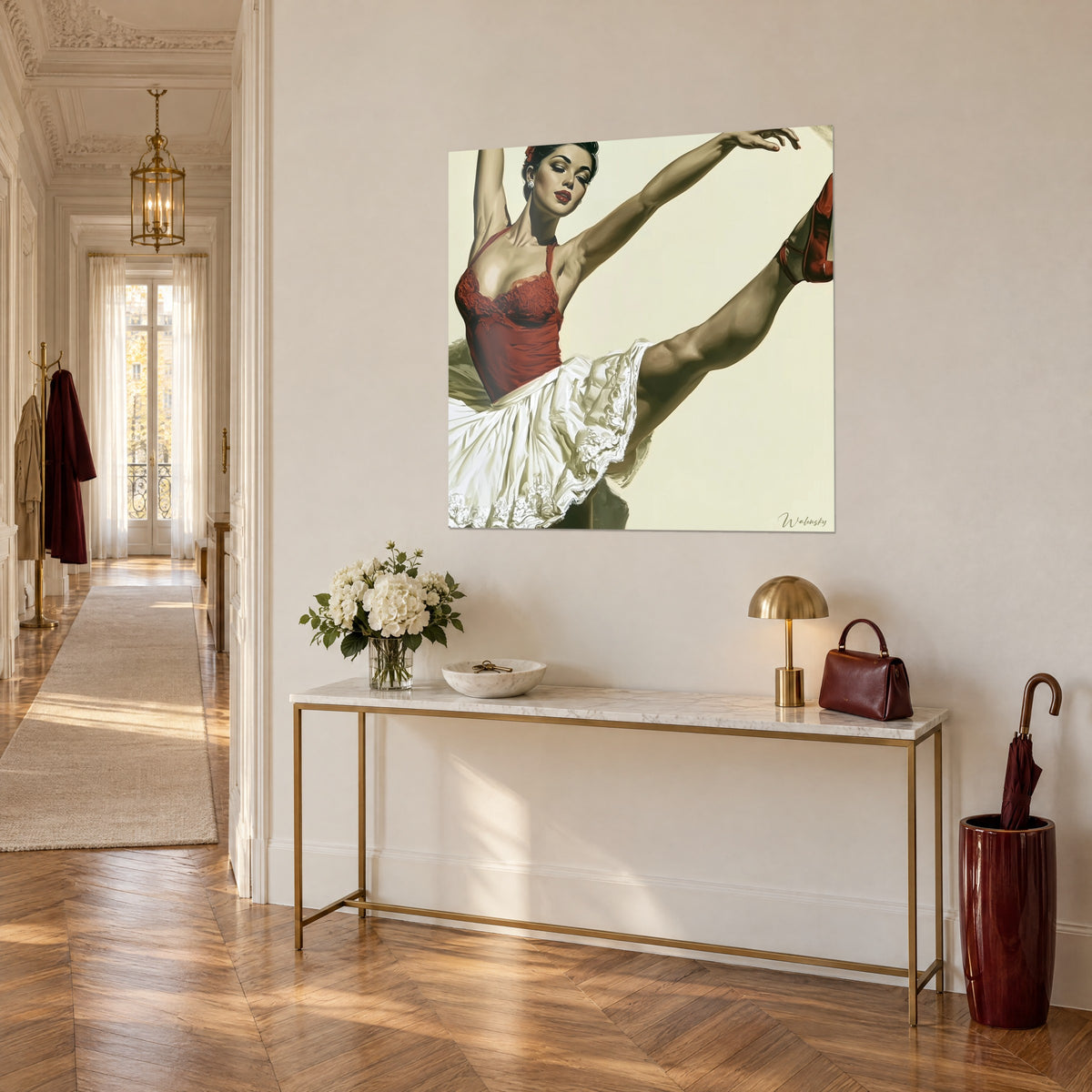 Wall art dancer with arm raised and carmine red lipstick, ivory ruffled tulle skirt, on a beige wall, gilt console in three-quarter view