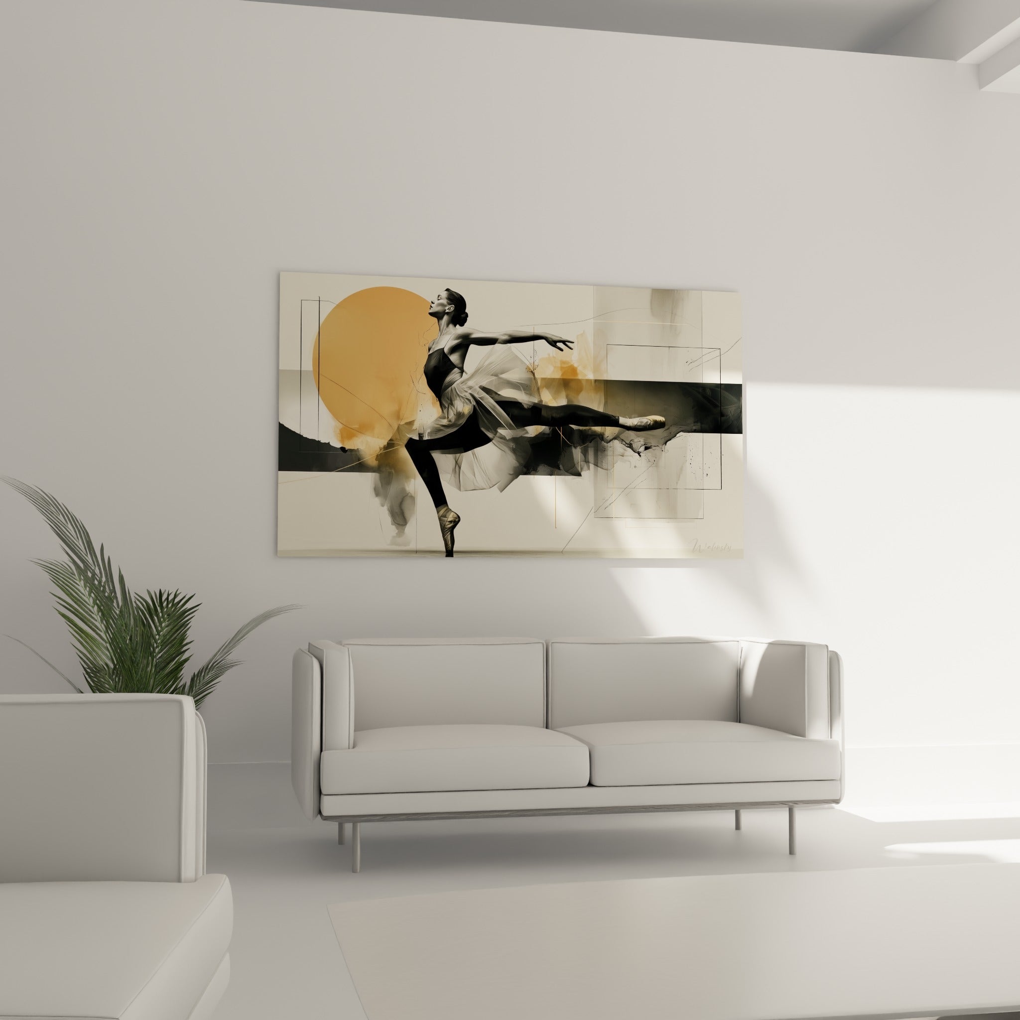Silhouette de danseuse déployée en orange et gris fumé, positionnée au-dessus d'un canapé dans un salon lumineux