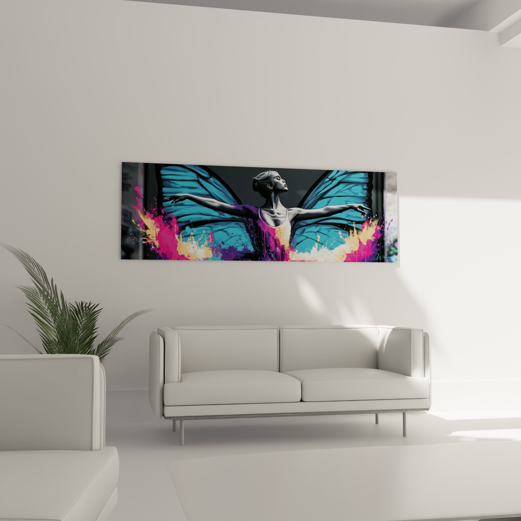 Silhouette de danseuse en gris et turquoise, éclat doré au-dessus d'un canapé dans un salon lumineux