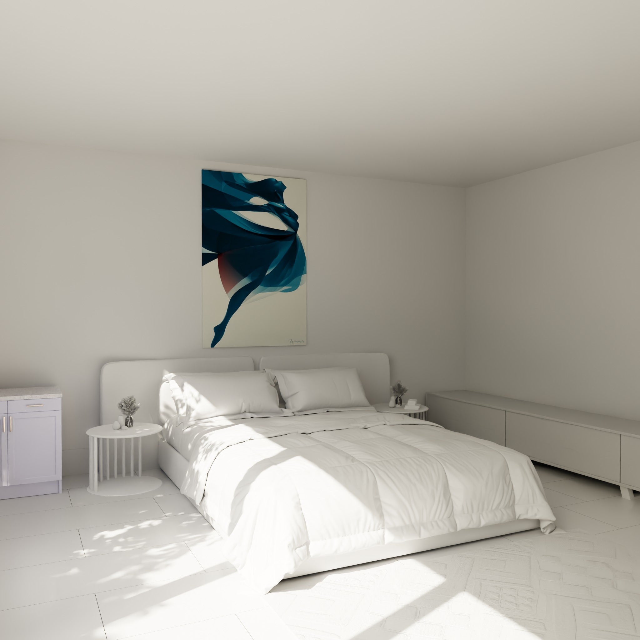 Silhouette bleu marine drapée de voiles fluides, tableau danseuse abstrait au-dessus d'un lit dans une chambre claire
