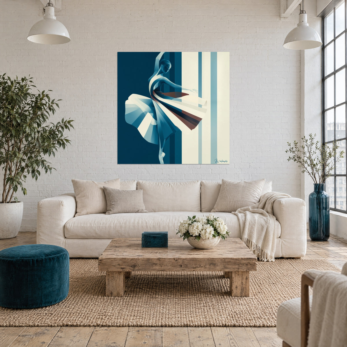 Schilderij ballerina in pirouette, tutu in petroleumblauw en ivoor met geometrische strepen, boven een bank in een lichte woonkamer