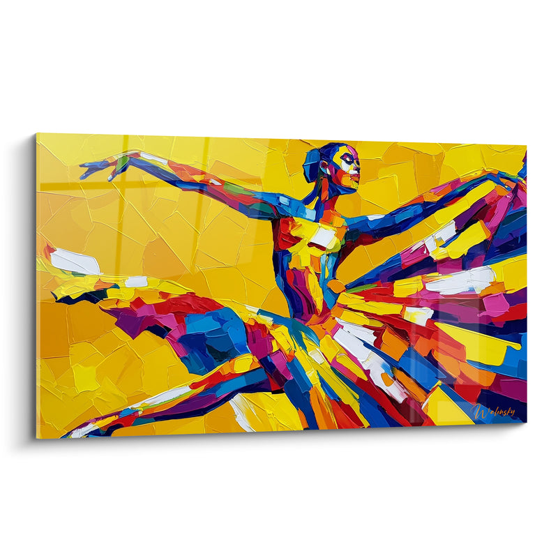 Tableau Danseuse jaune et bleu aux bras déployés - Fond craquelé lumineux - Edition Danseuse abstrait