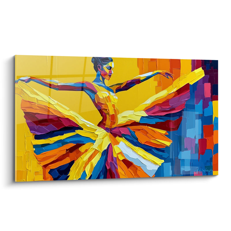 Tableau Danseuse robe jaune et bleu envolée - Envol coloré - Edition Danseuse abstrait