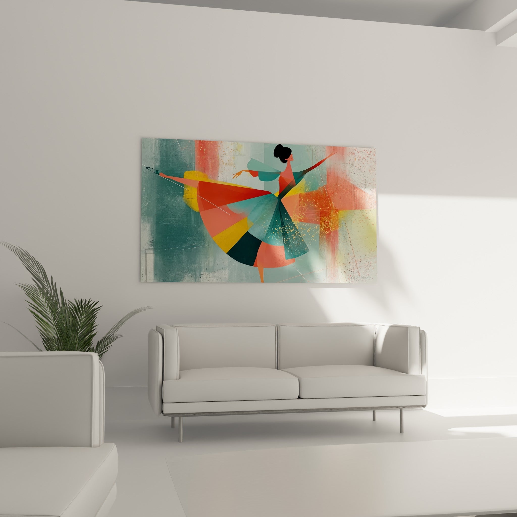 Ballerine abstraite aux couleurs jaune moutarde et bleu pétrole placée au-dessus d'un canapé dans un salon lumineux