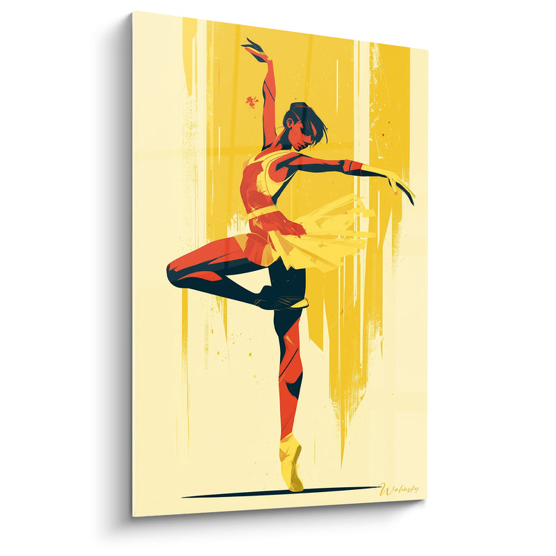 Tableau Danseuse jaune et rouge jupe déchiquetée - Fond strié vertical - Edition Danseuse abstrait