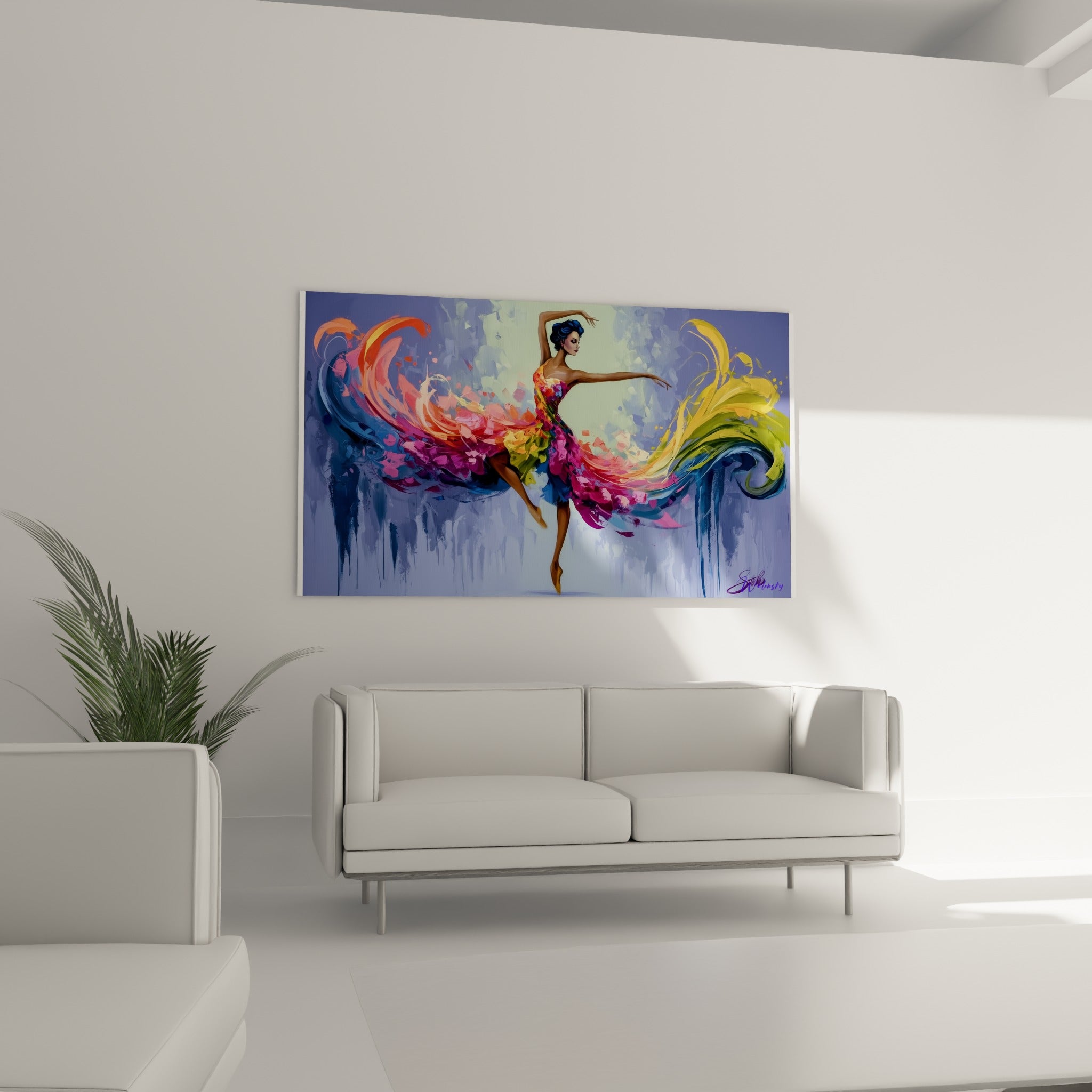 Ballerine tournoyante aux teintes orange et vertes, danseuse abstrait au-dessus d'un canapé dans un salon lumineux