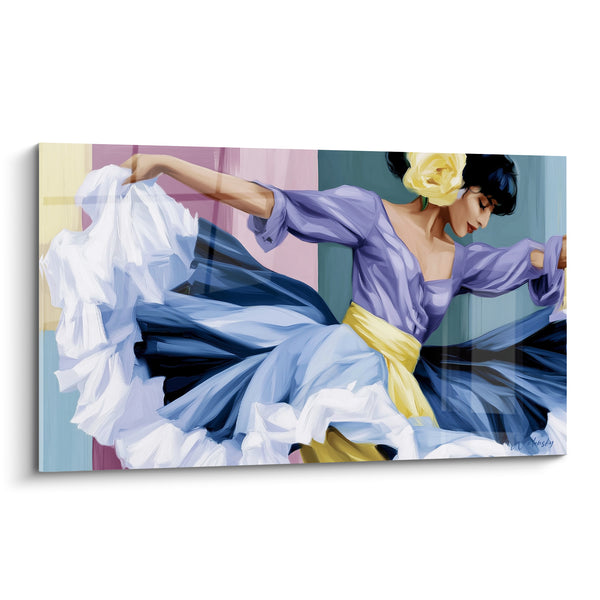 Painting Ballerina Blue and Purple Dress with Flowing Skirt - Yellow Flower in Her Hair - Ballerina Abstract Edition
