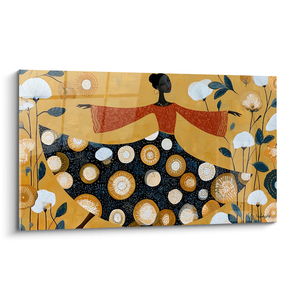 Painting Ballerina Black and Gold Skirt with Floral Motifs - Golden Earrings - Ballerina Abstract Edition