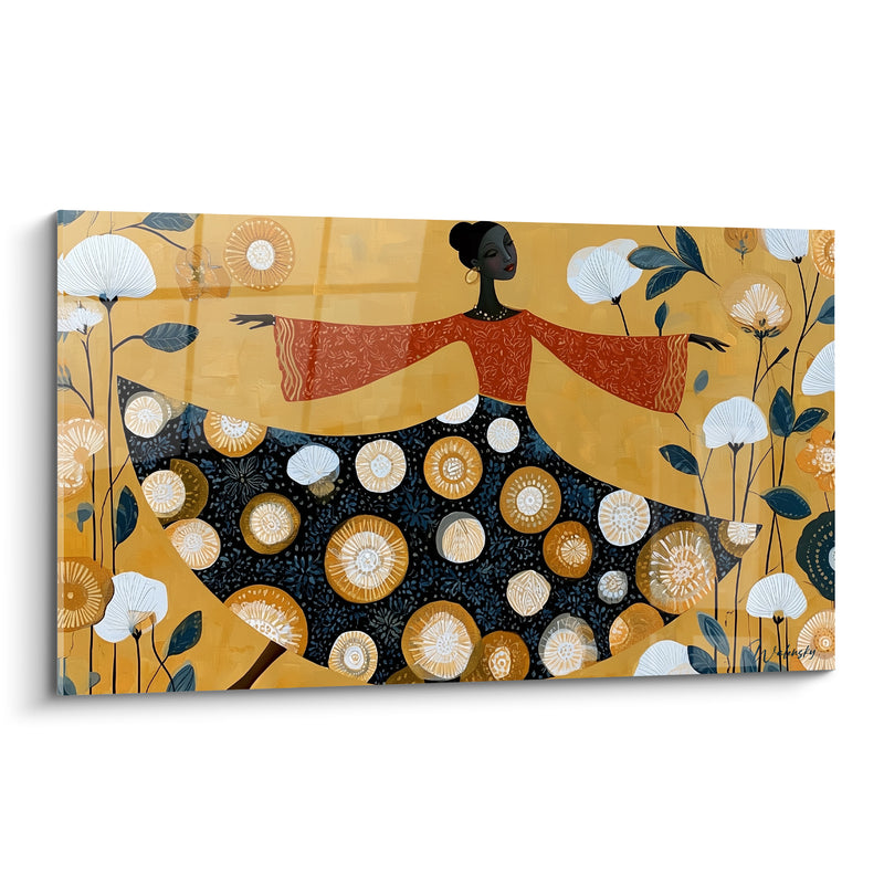 Tableau Danseuse jupe noire et dorée à motifs floraux - Boucles d'oreilles dorées - Edition Danseuse abstrait