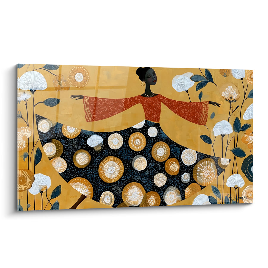 Tableau Danseuse jupe noire et dorée à motifs floraux - Boucles d'oreilles dorées - Edition Danseuse abstrait