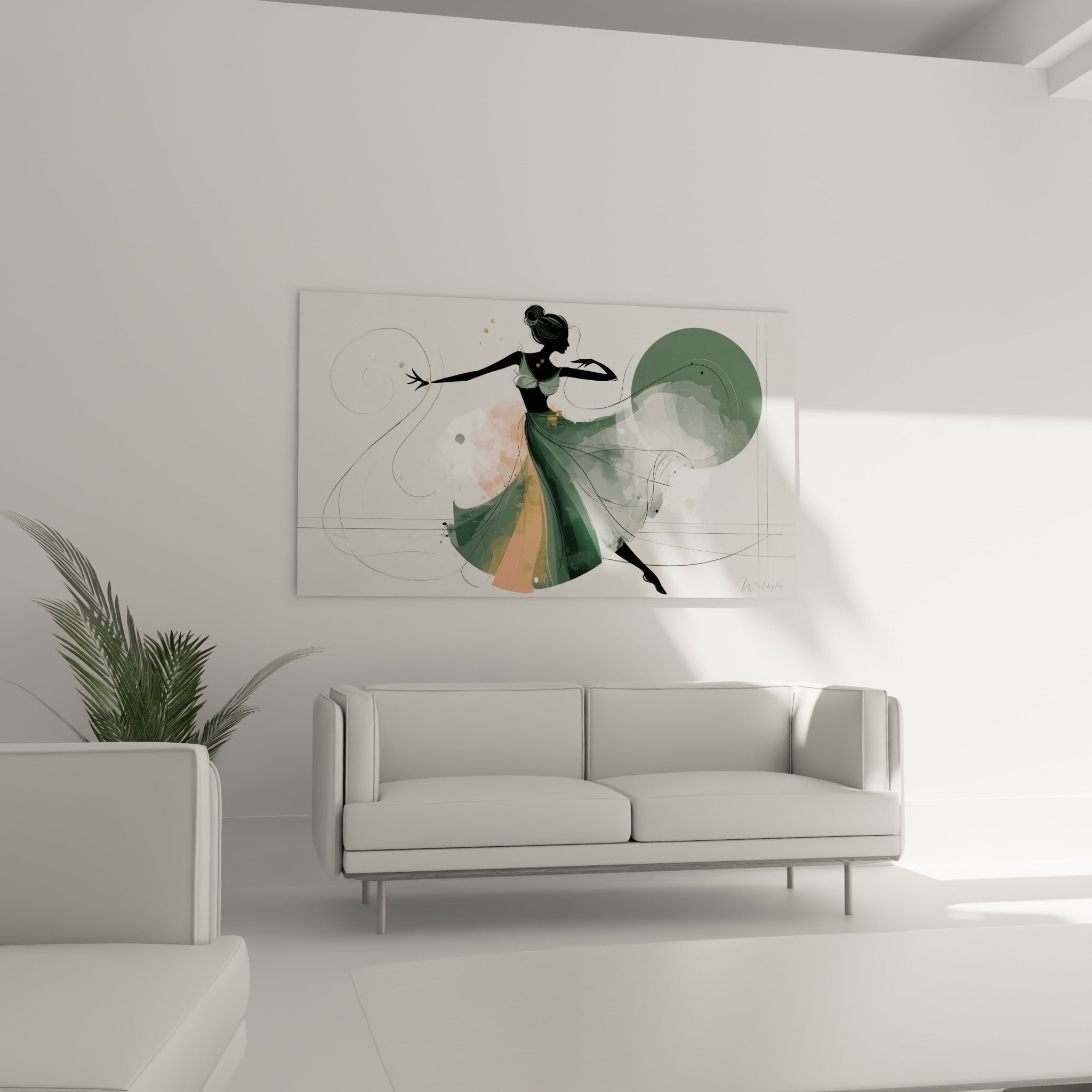 Élan de la danseuse abstrait aux teintes vert sauge et corail, au-dessus d'un canapé dans un salon lumineux