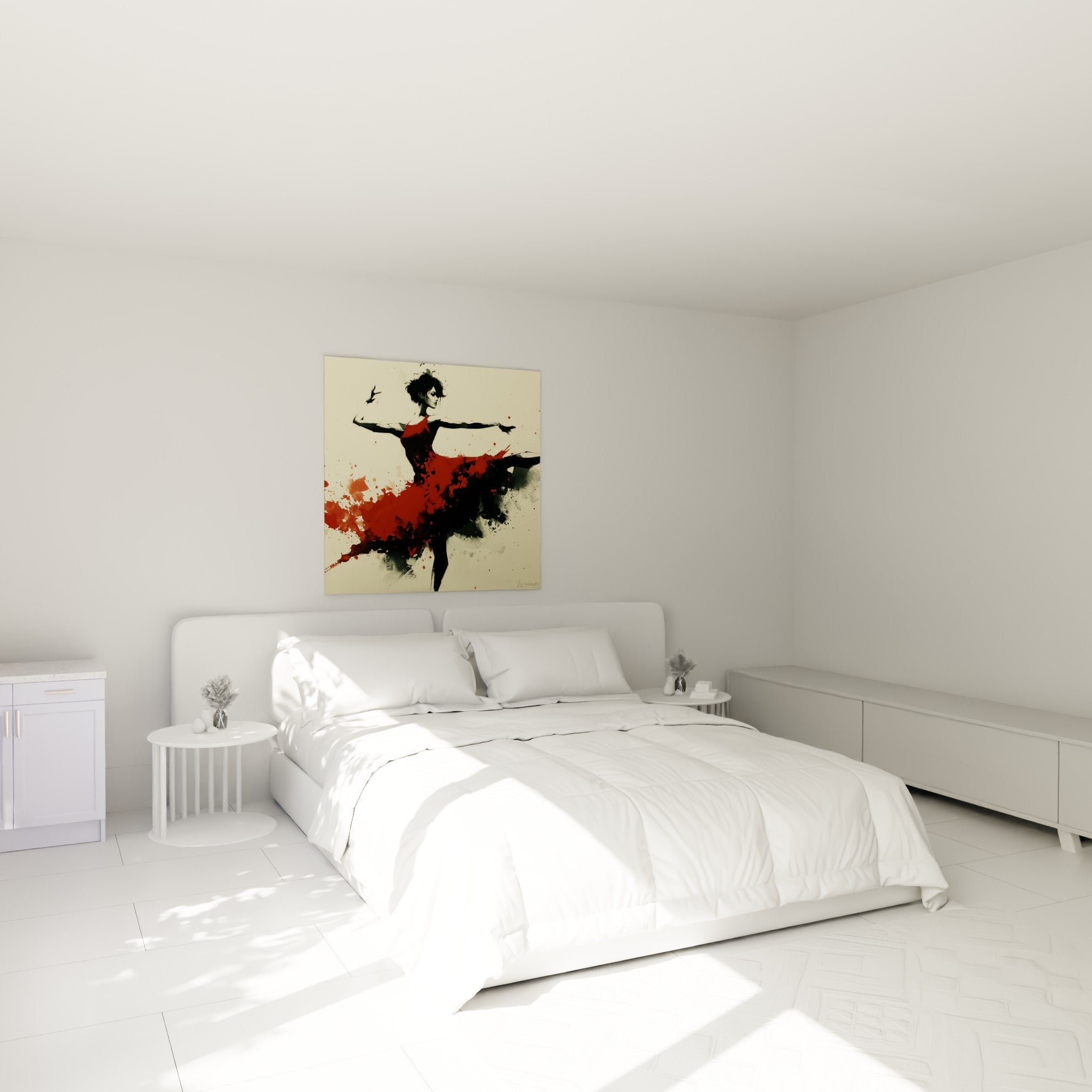 Silhouette de danseuse rouge et anthracite en plein élan, au-dessus d'un lit dans une chambre claire