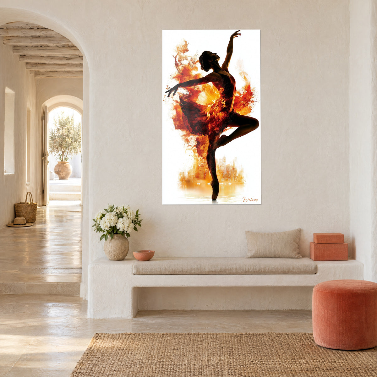 Tableau ballerine embrasée, tutu de flammes rouge et ambre sur fond blanc, reflet de gratte-ciel, vue de trois-quarts, banquette blanche et arche