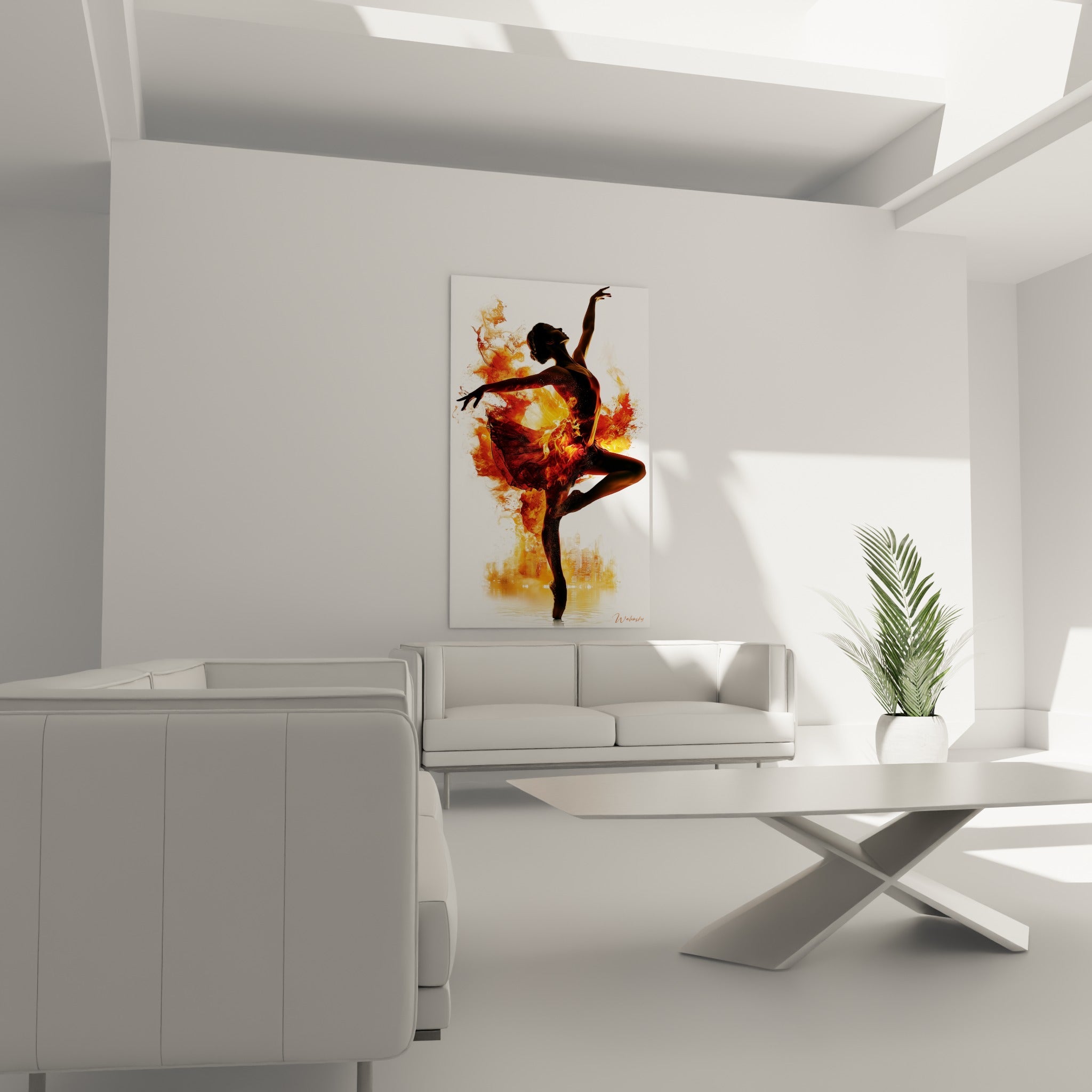 Silhouette de danseuse fauve et noire en pointe, jupe de feu, au-dessus d'un canapé dans un salon lumineux