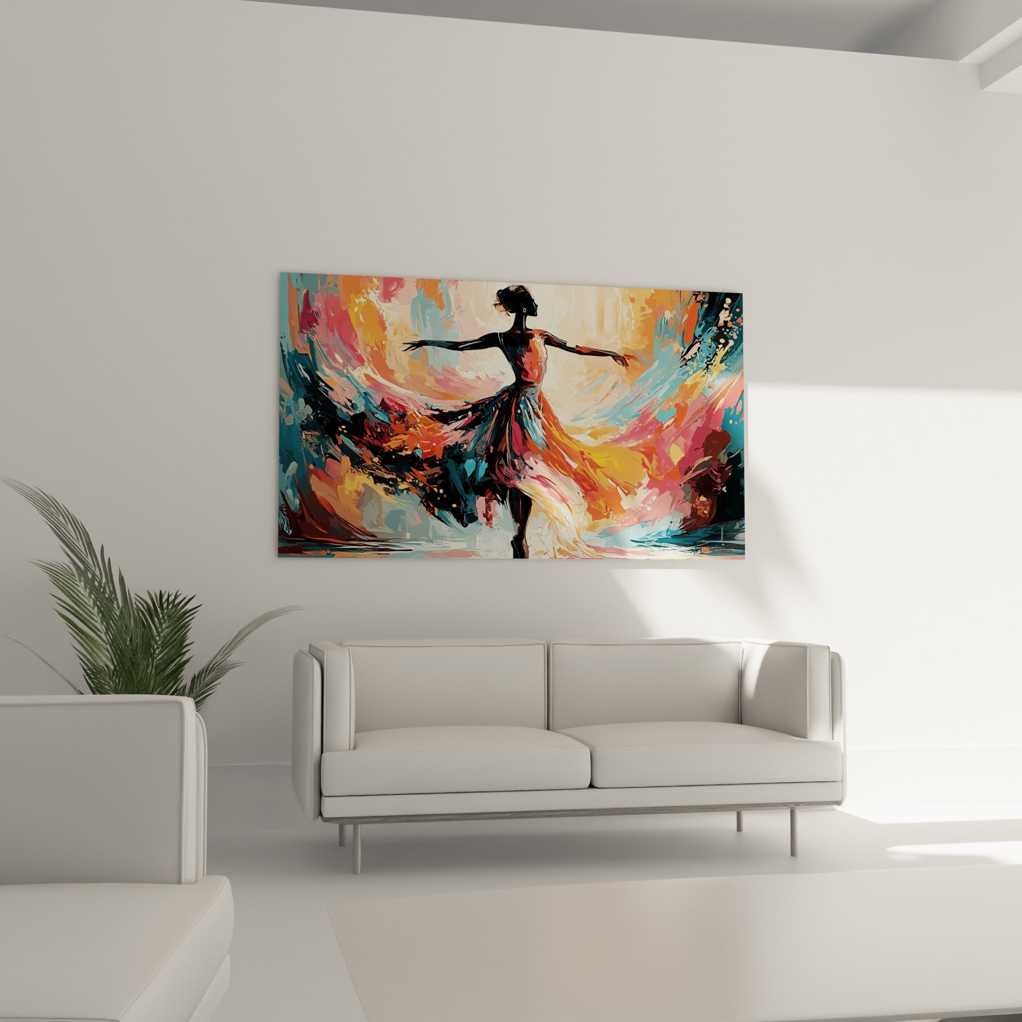 Figure de danseuse anthracite entourée de bleu turquoise et rose pêche, au-dessus d'un canapé dans un salon lumineux