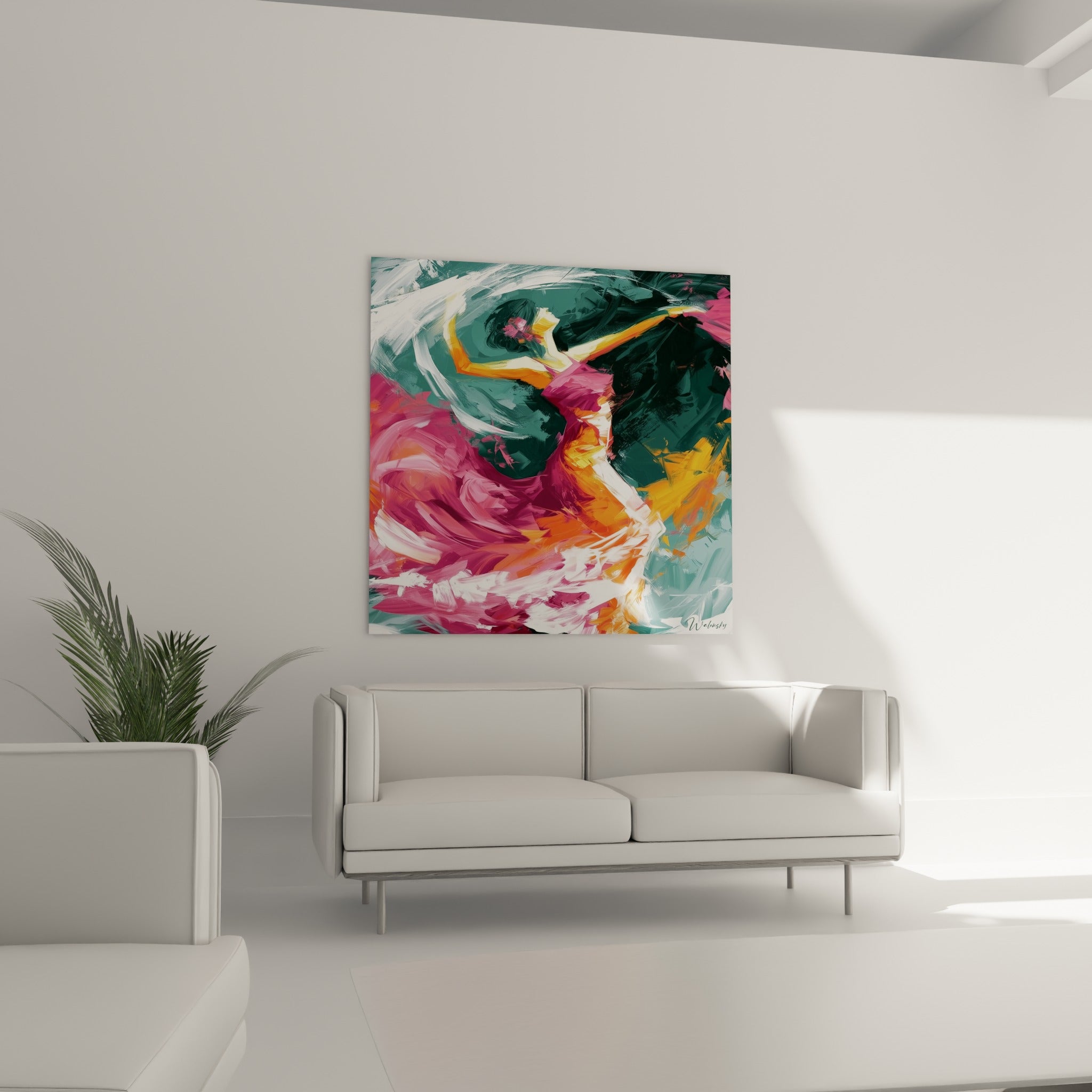 Jupe orange et rose de la danseuse abstrait en plein tourbillon, accrochée dans un salon lumineux