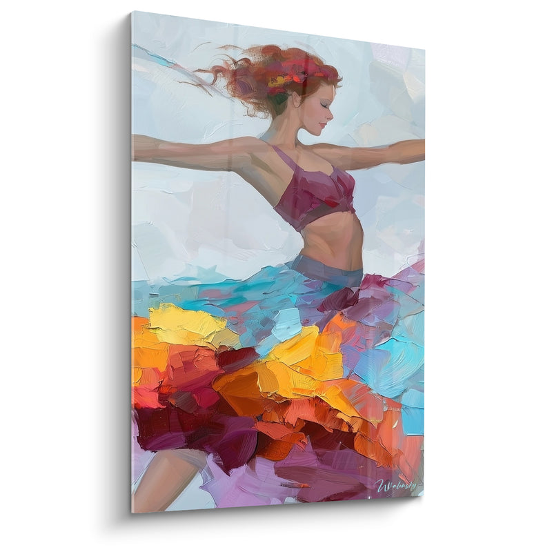 Tableau Danseuse jupe orange et turquoise fleurs rousses - Bras écartés en croix - Edition Danseuse abstrait
