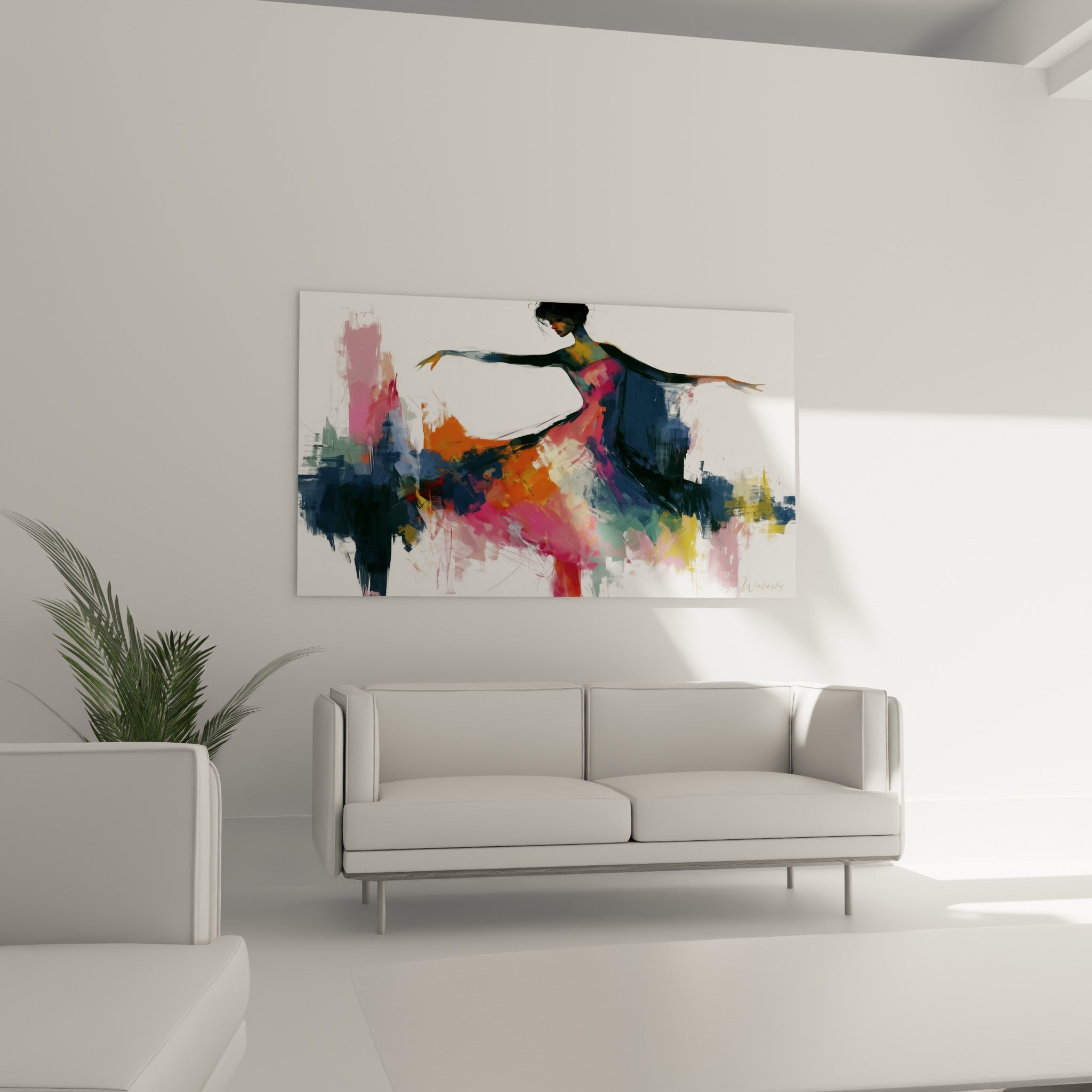 Danseuse abstrait tourbillonnante en teintes rose fuchsia et bleu marine, au-dessus d'un canapé dans un salon lumineux