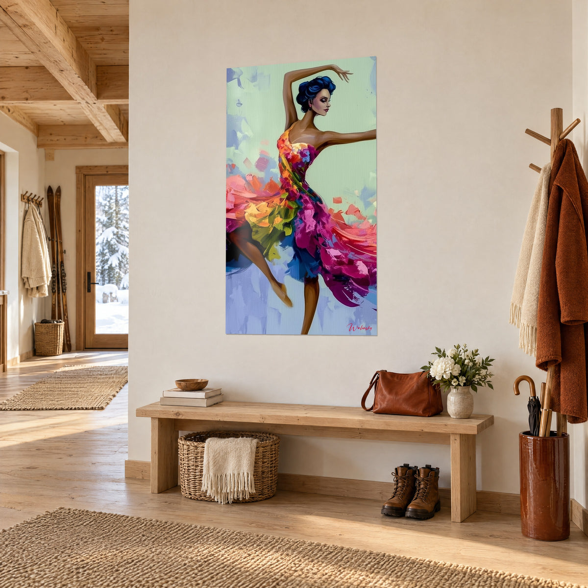 Tableau ballerine en pleine envolée, robe de pétales rose vif et jaune, fond vert d'eau, dans l'entrée d'un chalet boisé