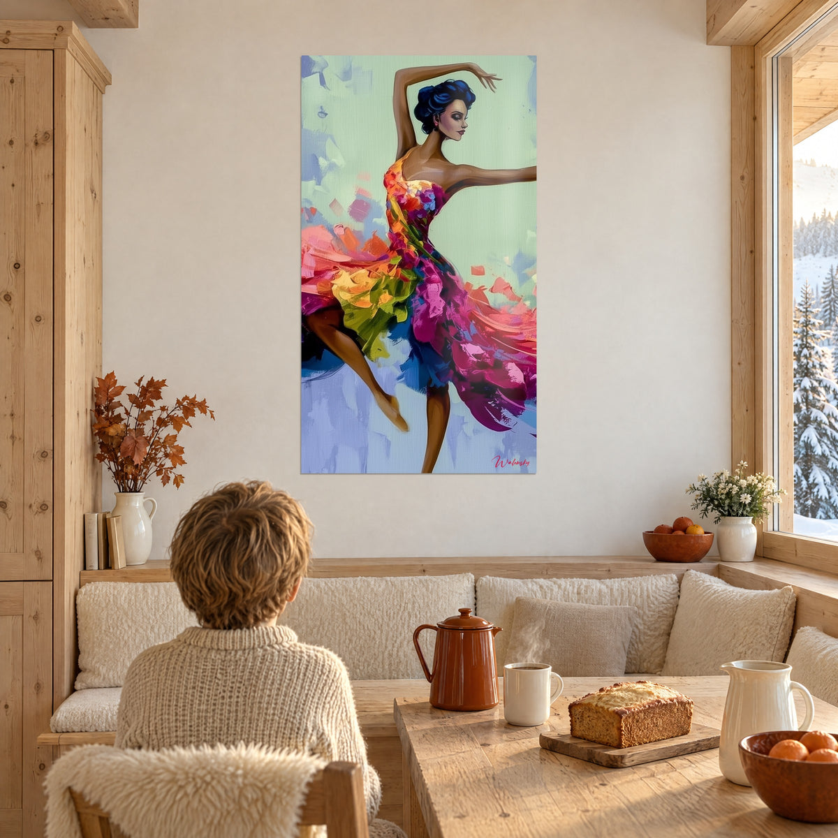Tableau danse tourbillonnante, jupe de coups de pinceau fuchsia et vert anis, fond lavande, dans un salon de chalet enneigé