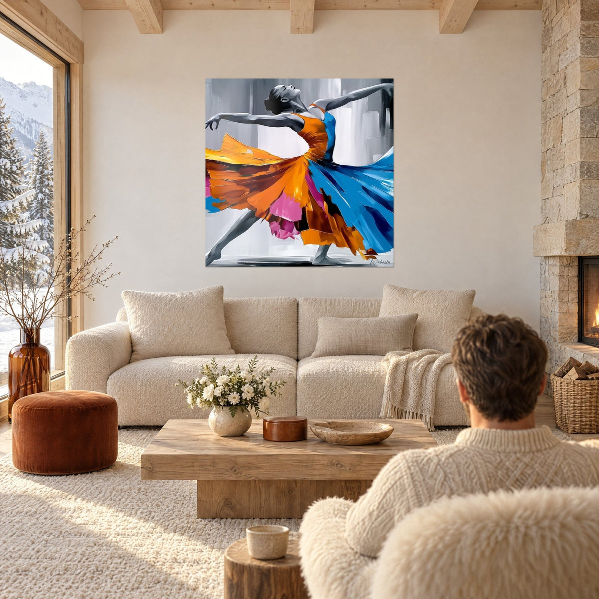 Tableau danseuse en arabesque, jupe orange et bleu azur au couteau, au-dessus d'un canapé dans un salon lumineux