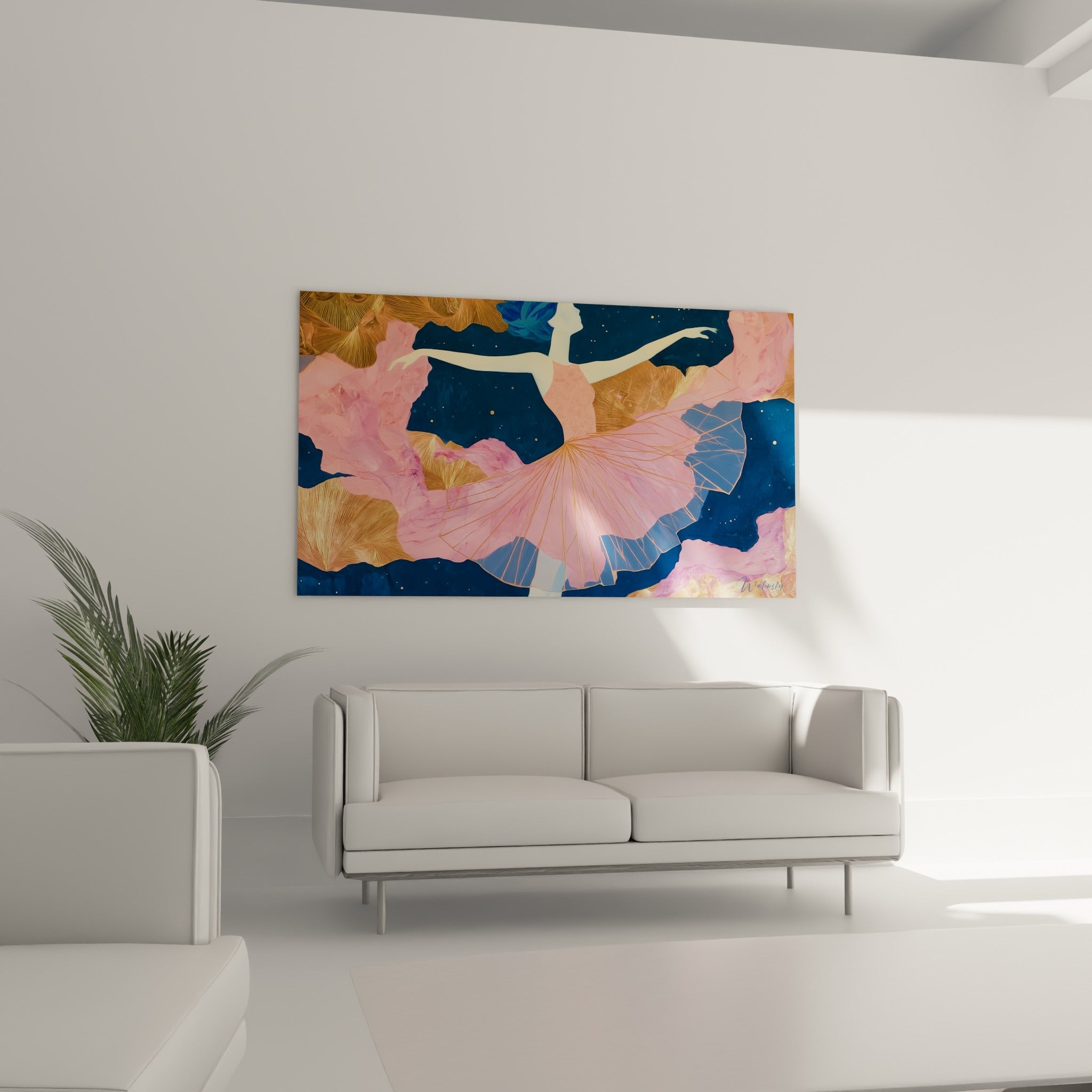 Ballerine stylisée aux tons roses et dorés, geste aérien, au-dessus d'un canapé dans un salon lumineux
