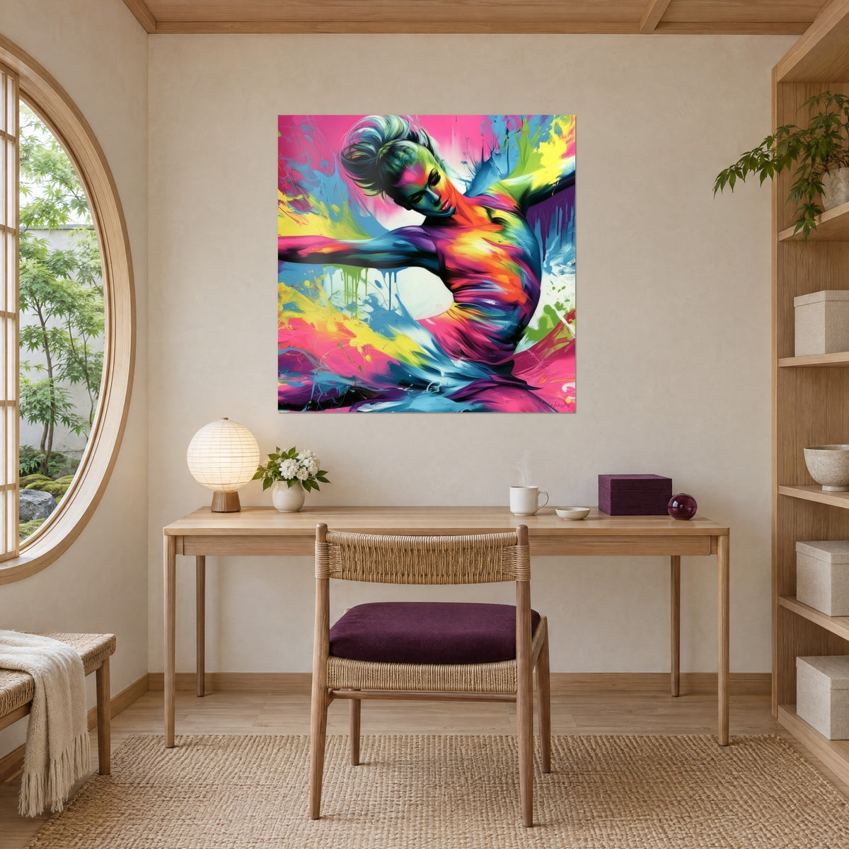 Cuadro gimnasta abstracta, destellos magenta y amarillo intenso, brazo estirado sobre fondo blanco, colgado encima de un escritorio de madera clara
