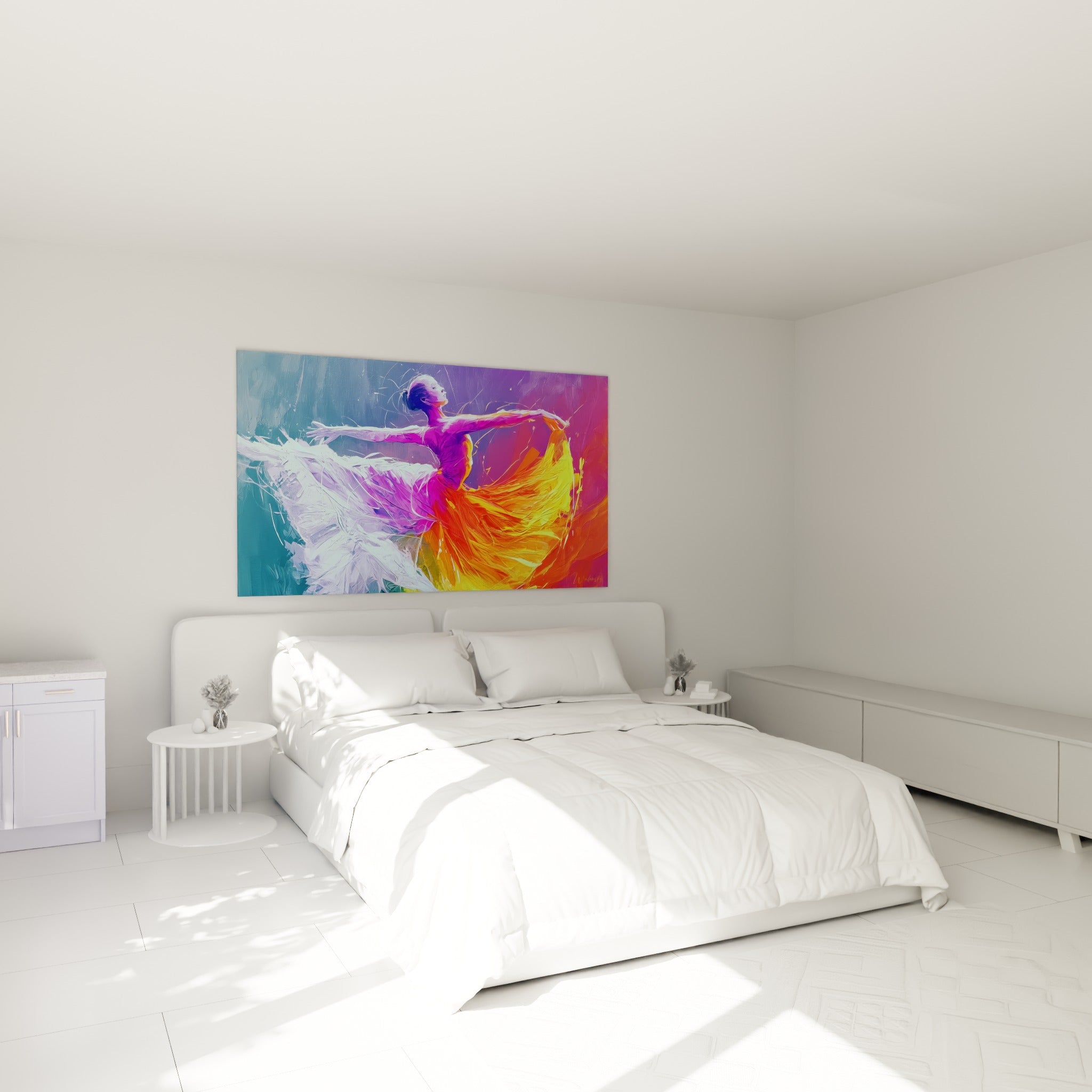 Silhouette dansante aux teintes magenta et orangées déployée au-dessus d'un lit dans une chambre claire